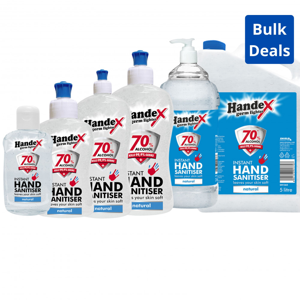 Handex Hand Sanitizer 70% Natural 75ml (24 Pack) 250ml (12 Pack) 500ml (24 Pack) 1L (12 Pack) 2L (6 Pack) 5L (2 Pack)