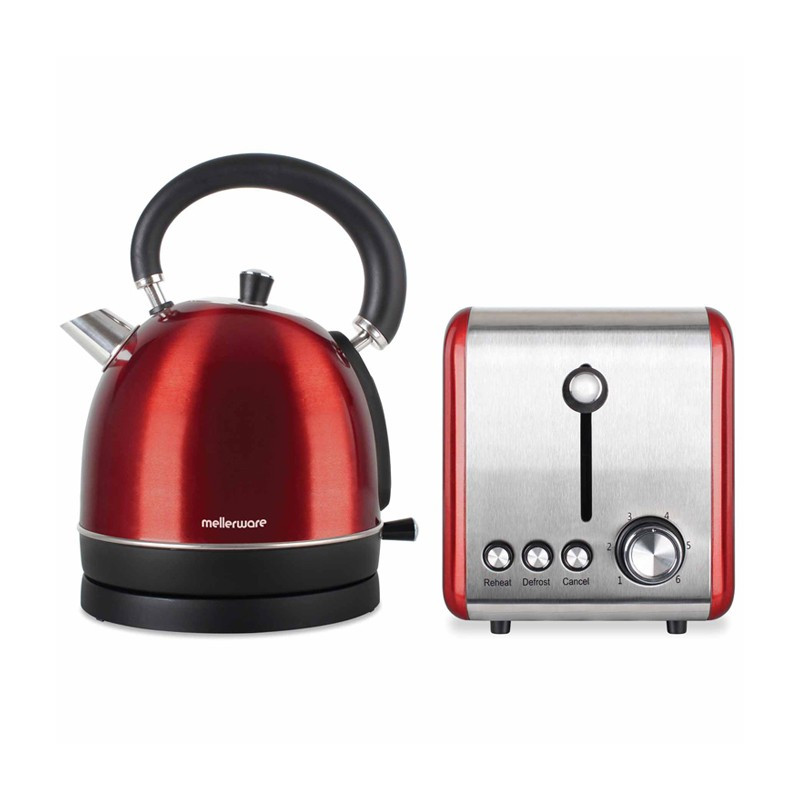 2 Piece Set Stainless Steel Red Kettle And Toaster 