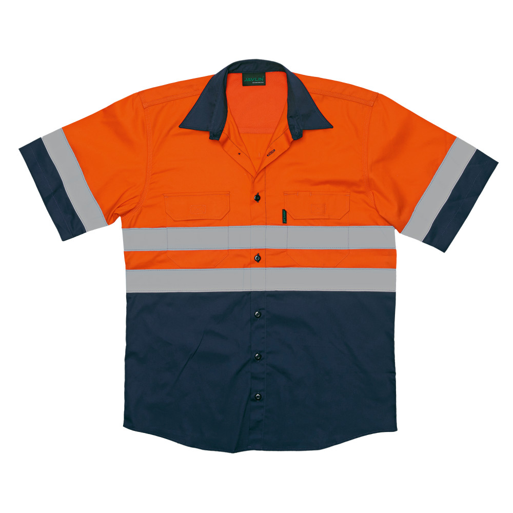 Two Tone Vented Reflective S/S Work Shirt - Navy & Orange