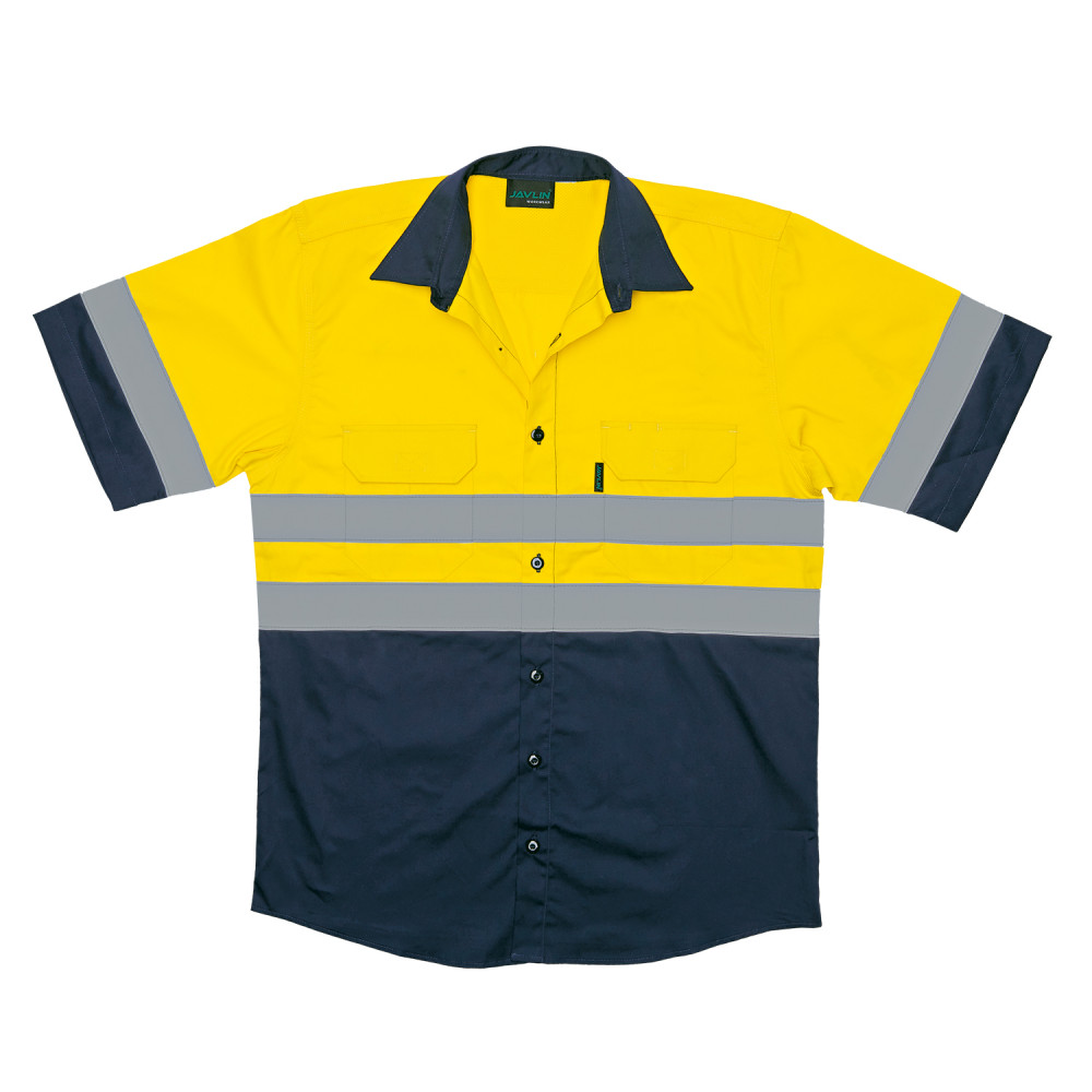 Two Tone Vented Reflective S/S Work Shirt - Navy & Yellow