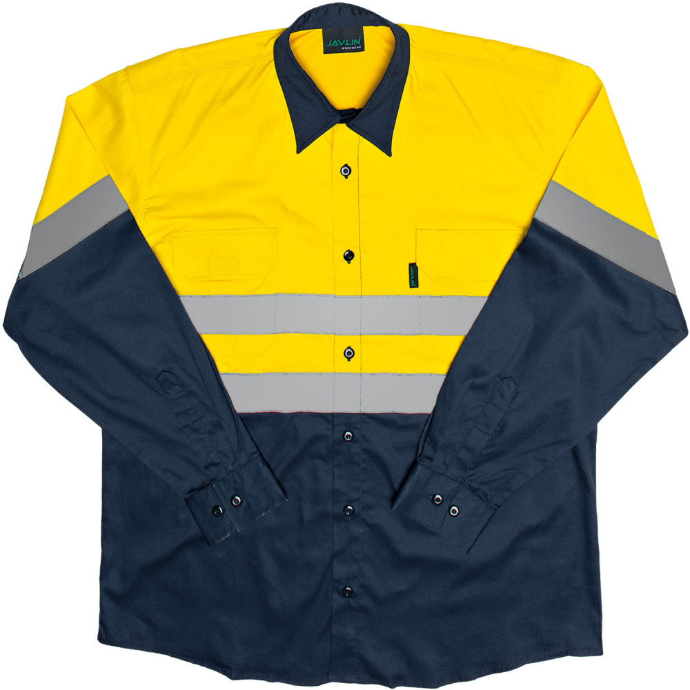 Two Tone Vented Reflective Work Shirt - Navy & Yellow