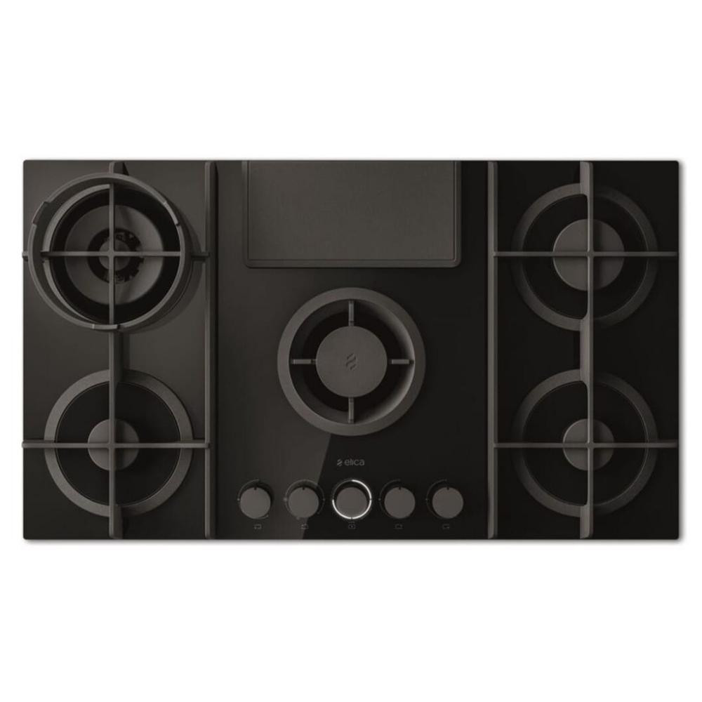 90cm 5 Burner Gas Hob with Downdraft Extractor - Black Glass and Cast Iron Pot Grids