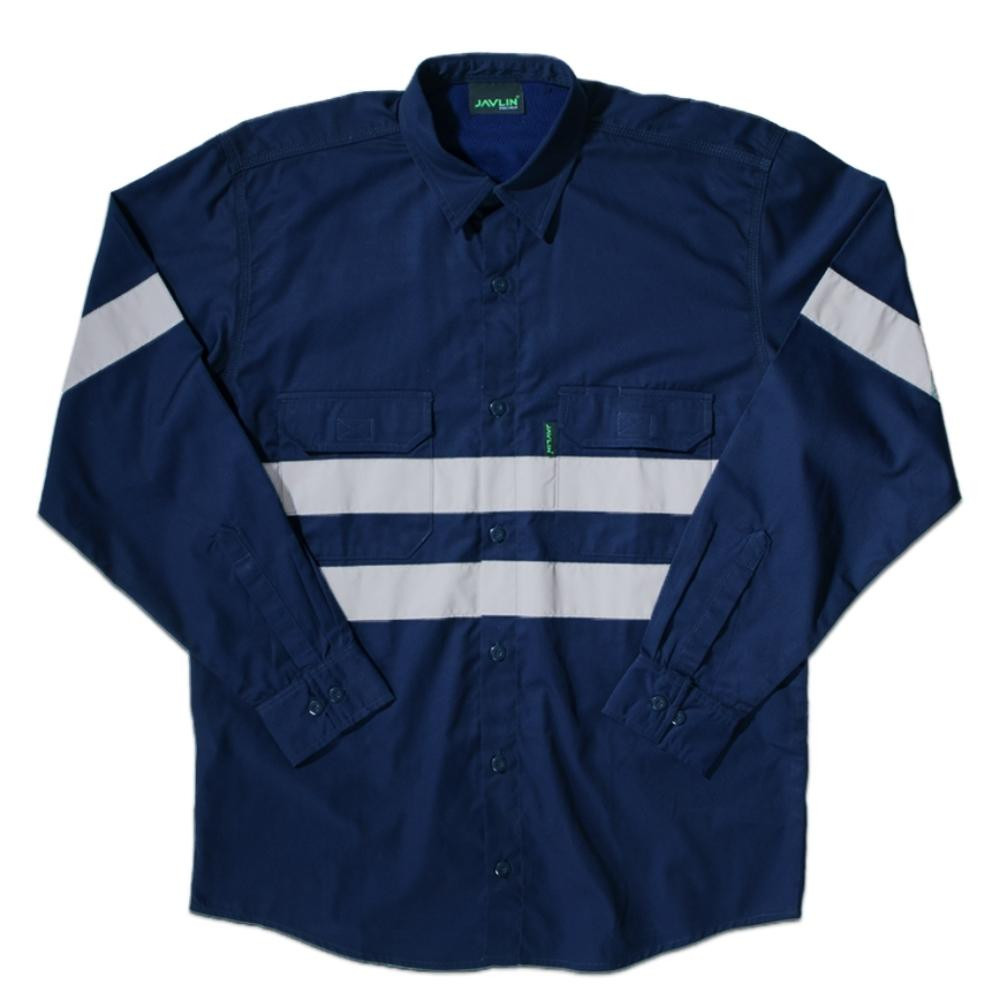 Hi-Vis Reflective Long  Sleeve Work Shirt - Navy