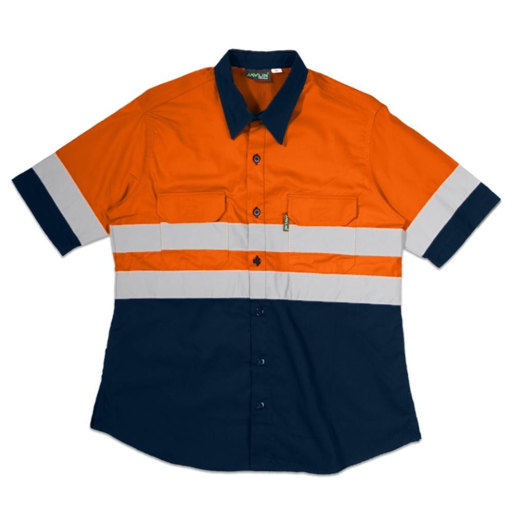 Women's Hi-Vis Two Tone Vented Short Sleeve Work Shirt - Navy & Orange