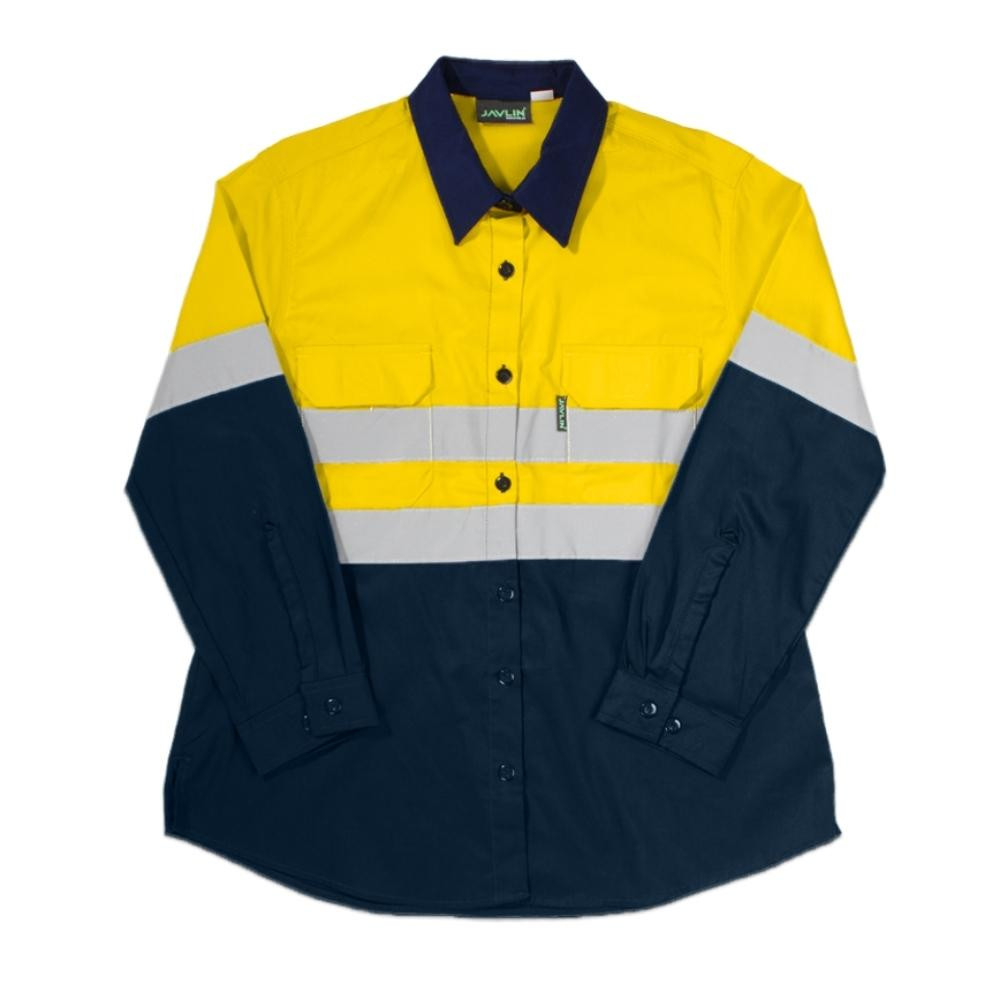 Women's Hi-Vis Two Tone Vented Long Sleeve Work Shirt - Navy & Yellow