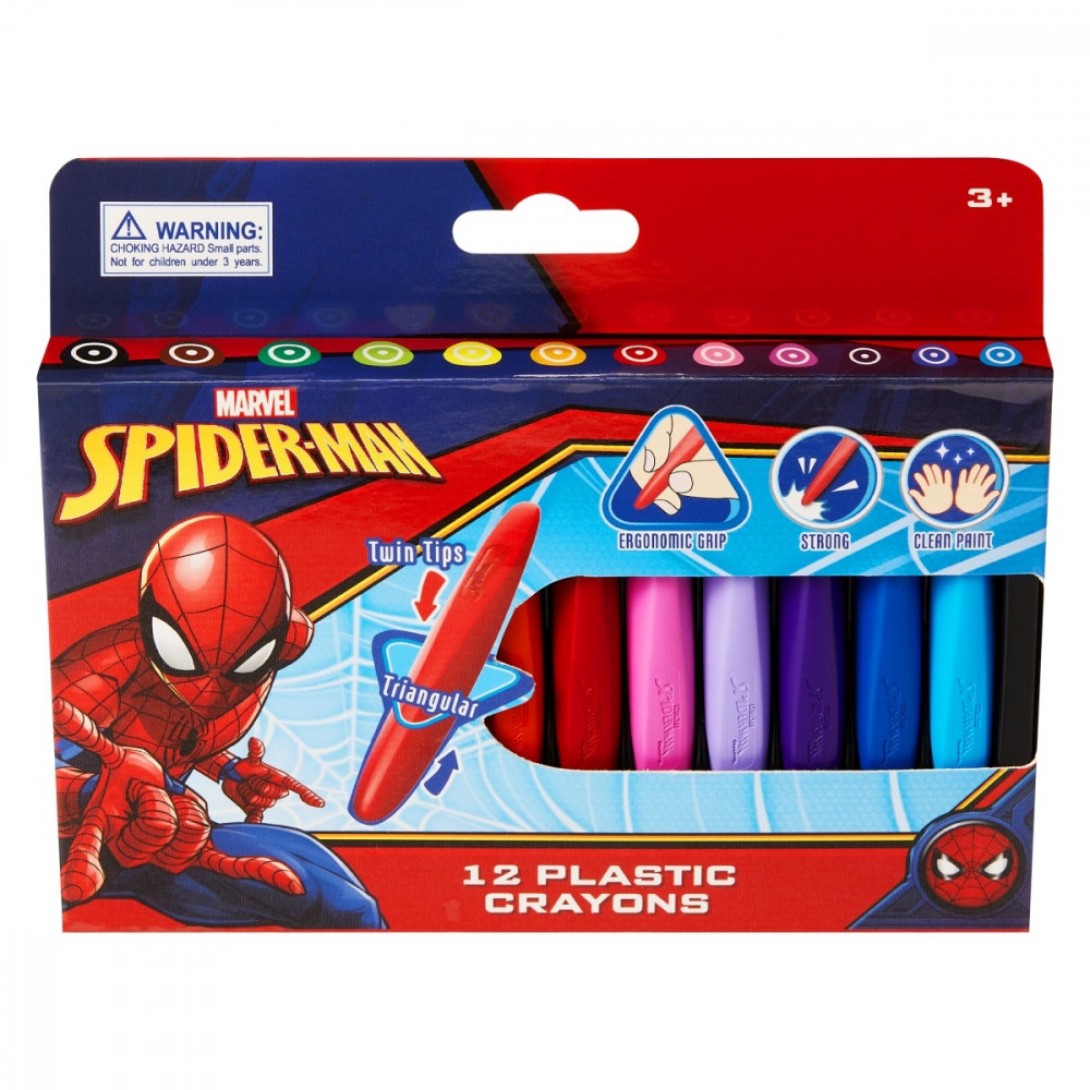 Spiderman 12 Plastic Crayons Twin Tip Triangular Multi