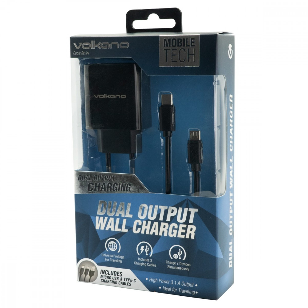 Cupla series 3.1A Dual Output Charger - Black, includes 2x charge cables