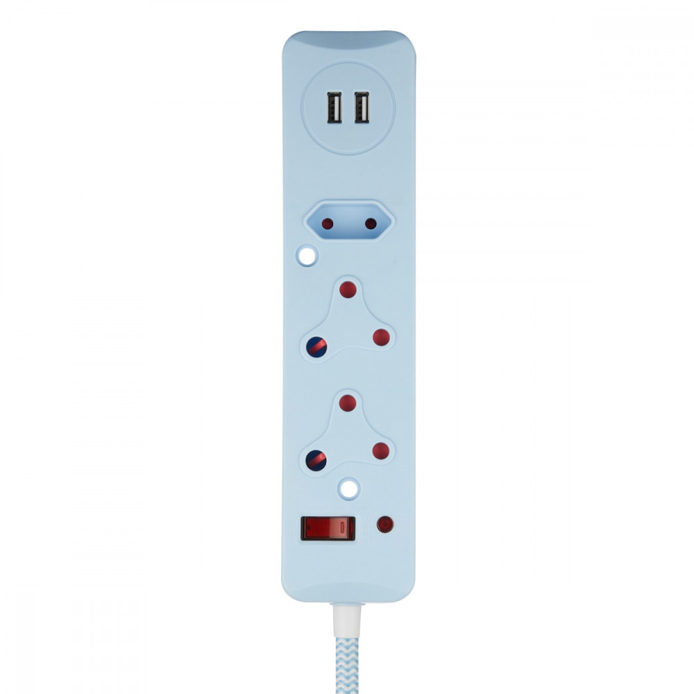 3 Way Surge Protected Multiplug with Dual 2.4A USB Ports, 0.5M Braided Cord Blue