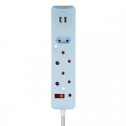 3 Way Surge Protected Multiplug with Dual 2.4A USB Ports, 0.5M Braided Cord Blue