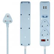 3 Way Surge Protected Multiplug with Dual 2.4A USB Ports, 0.5M Braided Cord Blue