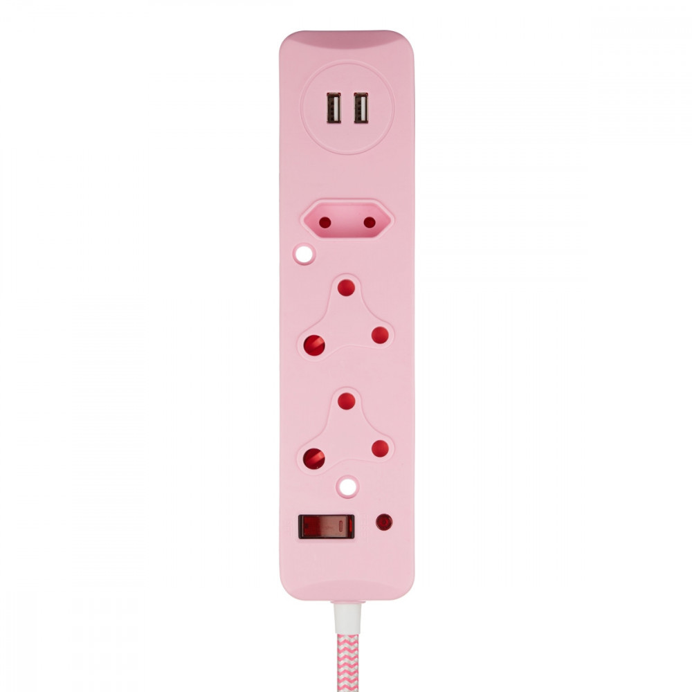 3 Way Surge Protected Multiplug with Dual 2.4A USB Ports, 0.5M Braided Cord Pink