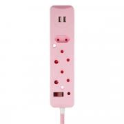 3 Way Surge Protected Multiplug with Dual 2.4A USB Ports, 0.5M Braided Cord Pink