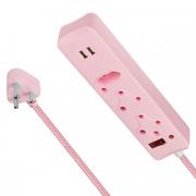 3 Way Surge Protected Multiplug with Dual 2.4A USB Ports, 0.5M Braided Cord Pink