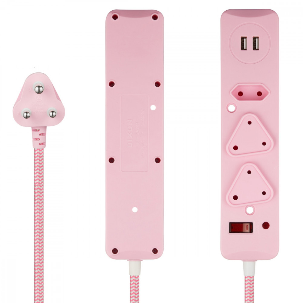3 Way Surge Protected Multiplug with Dual 2.4A USB Ports, 0.5M Braided Cord Pink