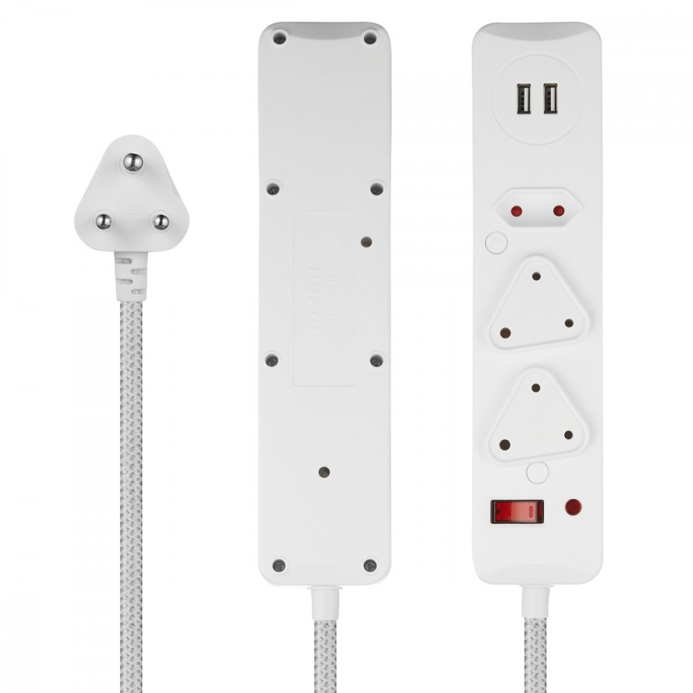 3 Way Surge Protected Multiplug with Dual 2.4A USB Ports, 0.5M Braided Cord White