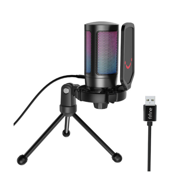 Mic A6V Ampligame USB RGB Microphone with Pop Filter – Shock Mount – Round Stand
