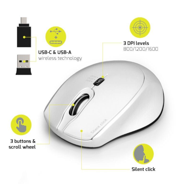 Silent 3600DPI 3 Button USB and Type-C Dongle Mouse - White