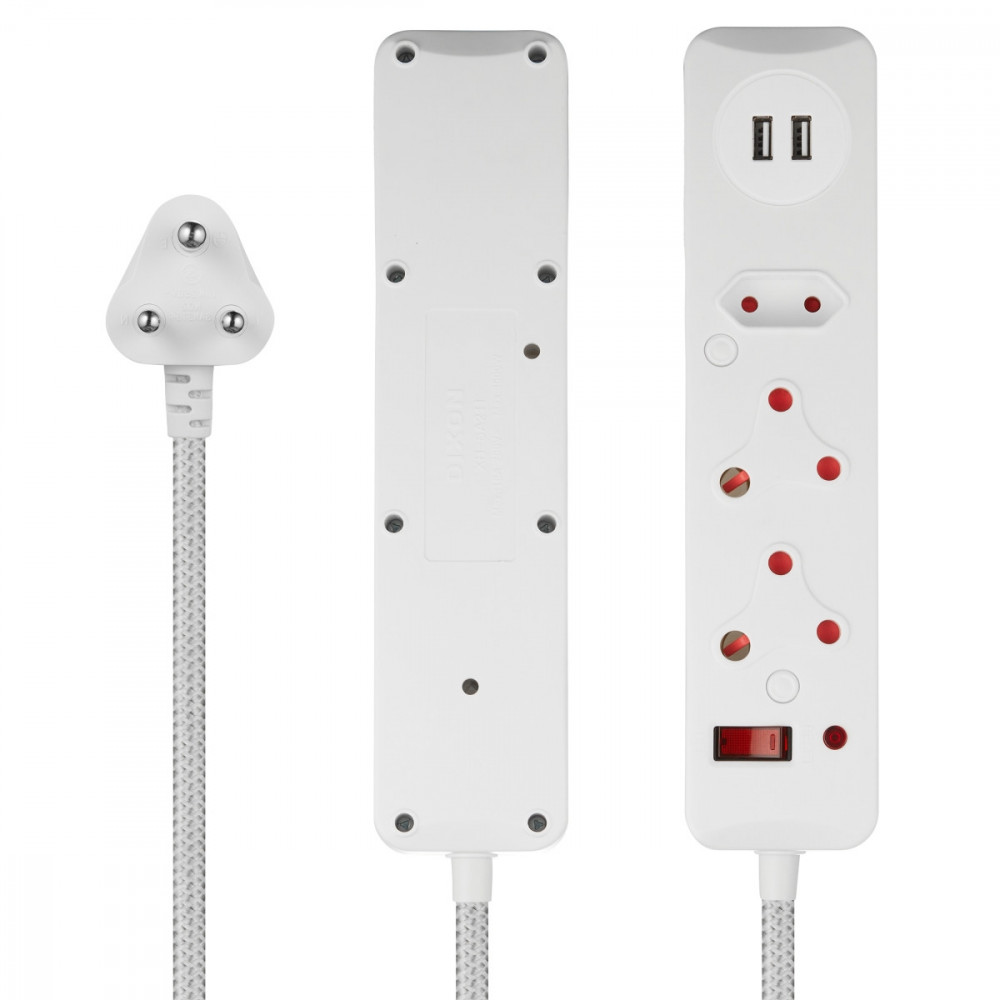 3 Way Surge Protected Multiplug with Dual 2.4A USB Ports, 3M Braided Cord - White