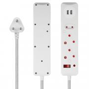 3 Way Surge Protected Multiplug with Dual 2.4A USB Ports, 3M Braided Cord - White