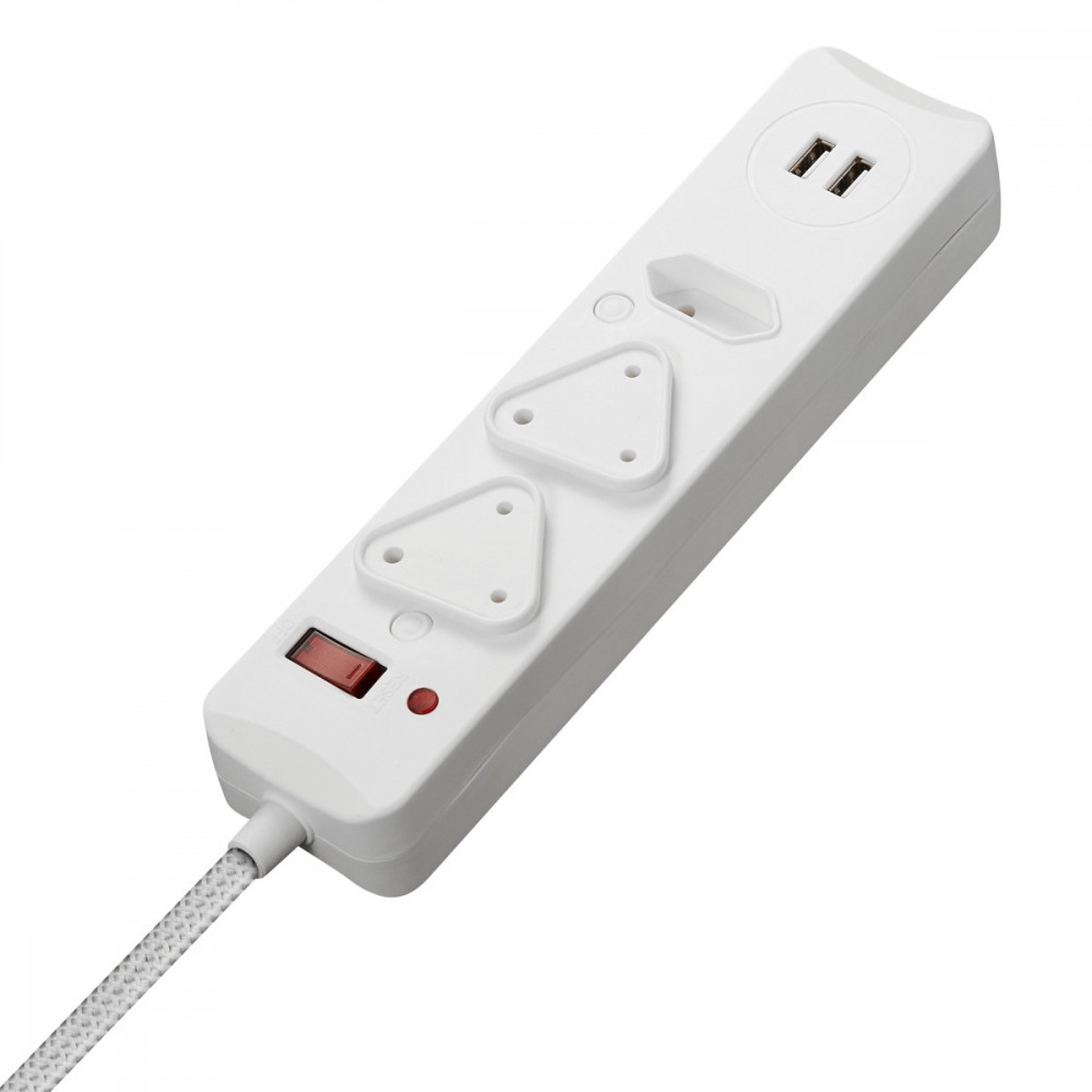 3 Way Surge Protected Multiplug with Dual 2.4A USB Ports, 3M Braided Cord - White
