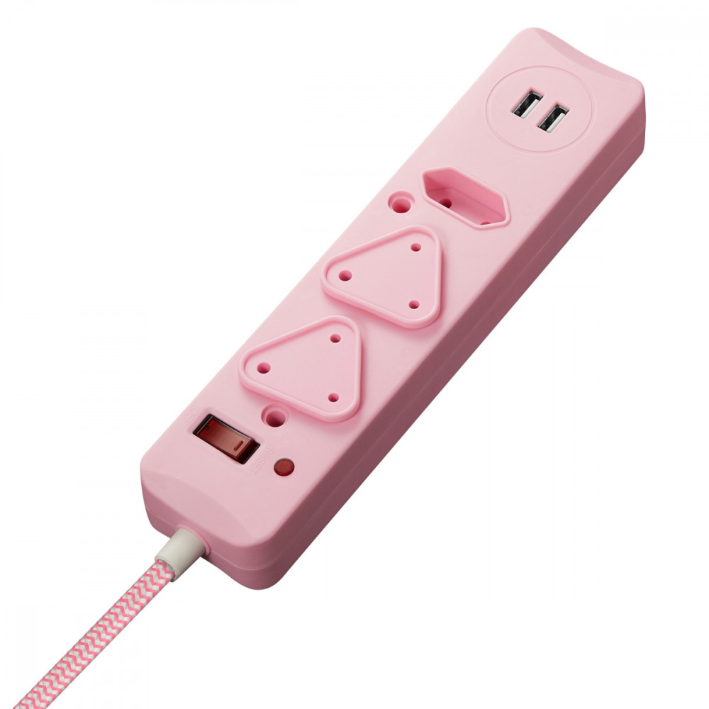 3 Way Surge Protected Multiplug with Dual 2.4A USB Ports, 3M Braided Cord - Pink