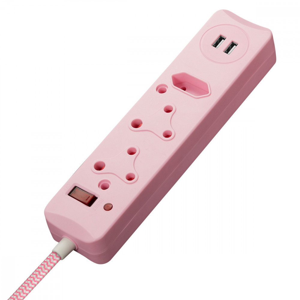 3 Way Surge Protected Multiplug with Dual 2.4A USB Ports, 3M Braided Cord - Pink