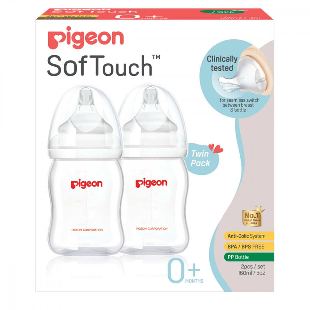 Wide Neck SofTouch Peristaltic Plus™ PP Nurser 160ml SS Nipple Twin Pack