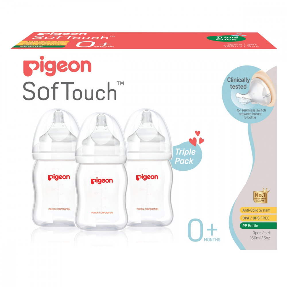 Wide Neck SofTouch Peristaltic Plus™ PP Nurser 160ml SS Nipple Triple Pack