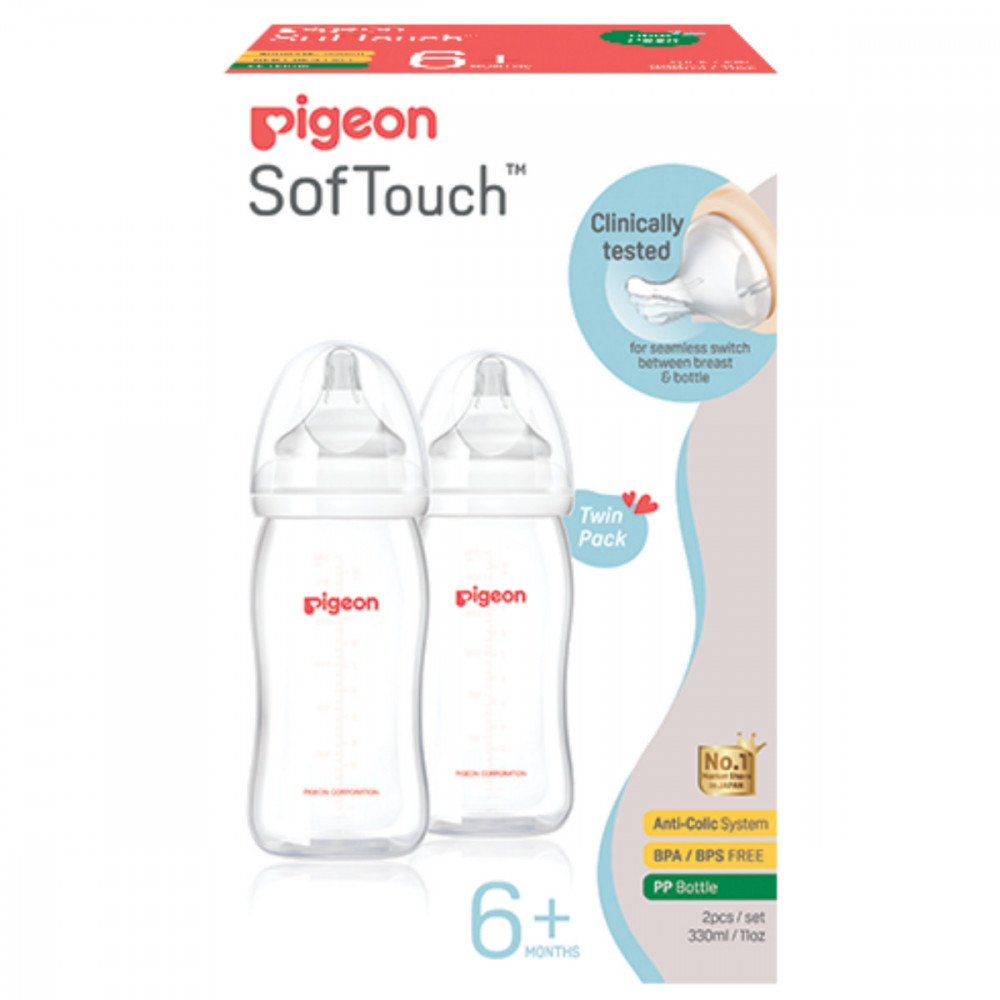 Wide Neck SofTouch Peristaltic Plus™ PP Nurser 330ml L Nipple Twin Pack