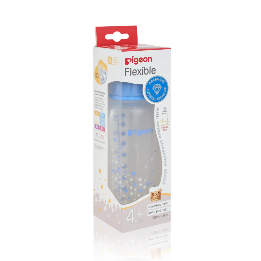 Slim Neck Flexible Peristaltic PP Nursers 250ml M Nipple - Blue & Clear