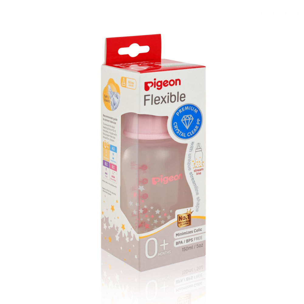 Slim Neck Flexible Peristaltic PP Nursers 150ml S Nipple - Pink & Clear