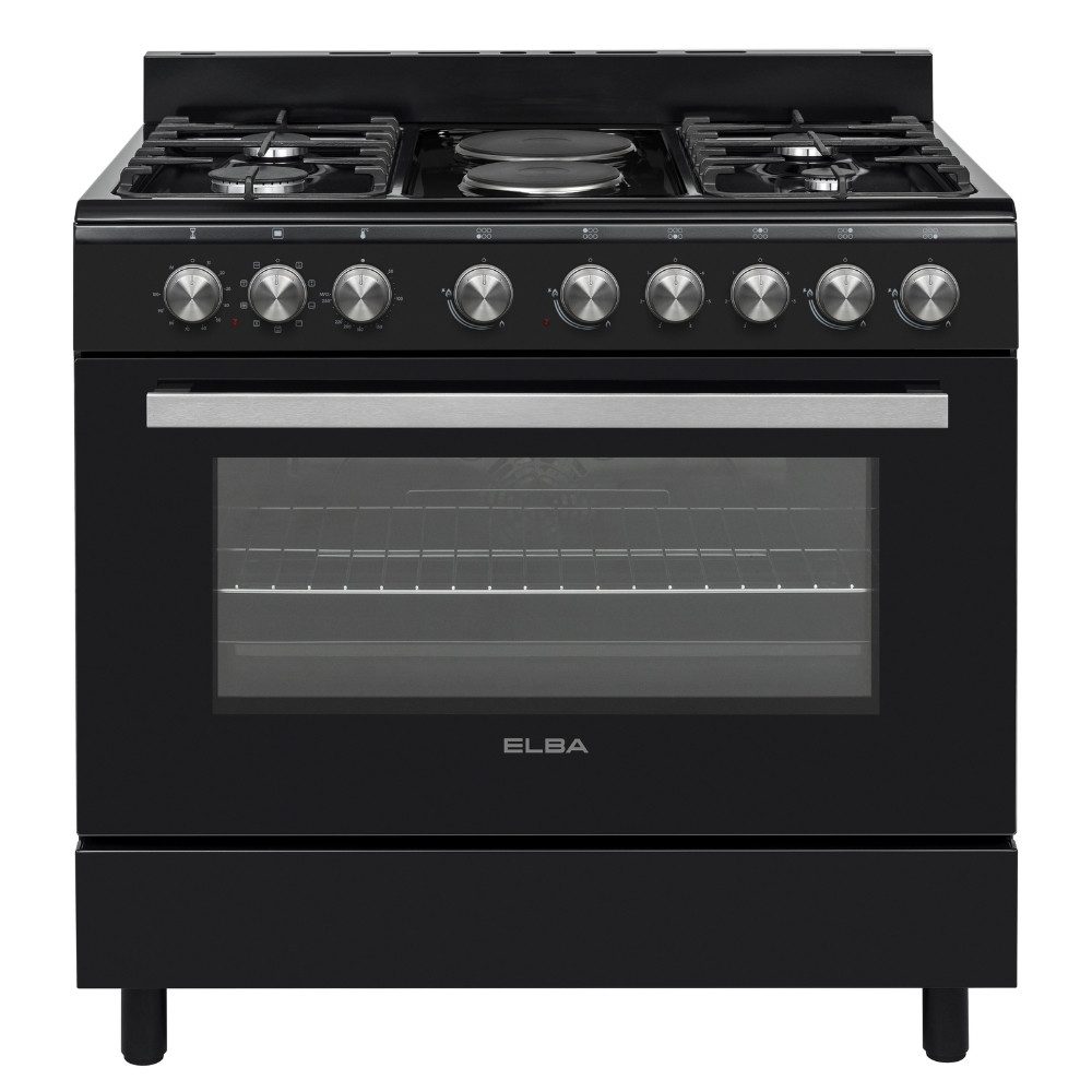 90cm 4 Burner Gas Stove With 2 Electric Solid Plates & Electric Oven - Black