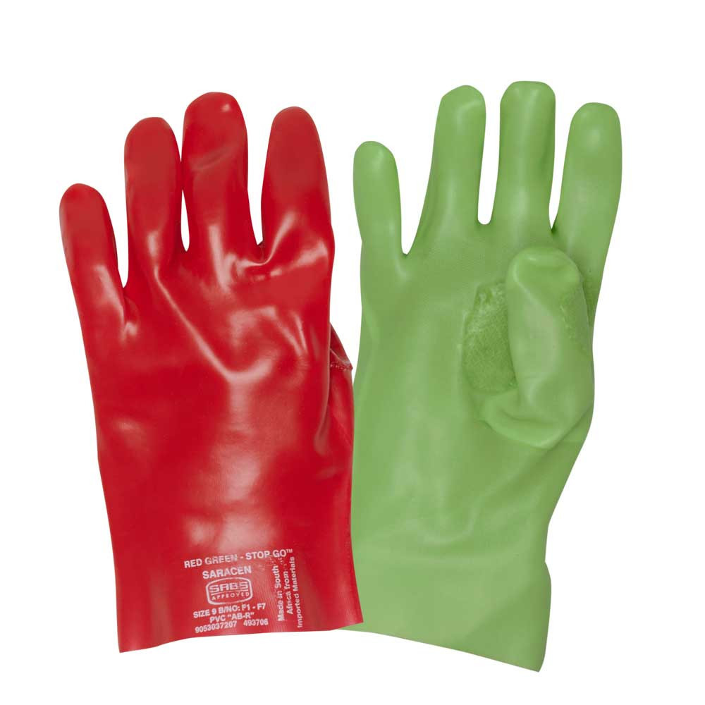 Red Left & Green Right PVC Reinforced Miner's Gloves - 27cm