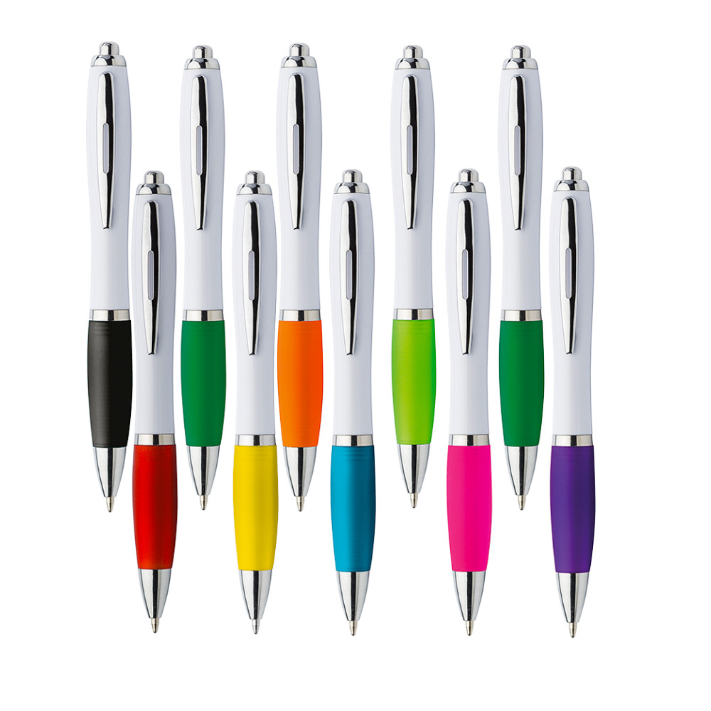 White Barrel Curved Design Ballpoint Pen with Coloured Grip