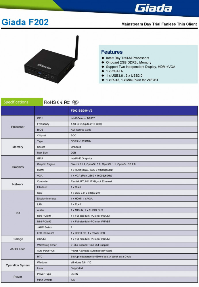 F202 Fanless Celeron N2807 2GB 1xVGA|1xHDMI