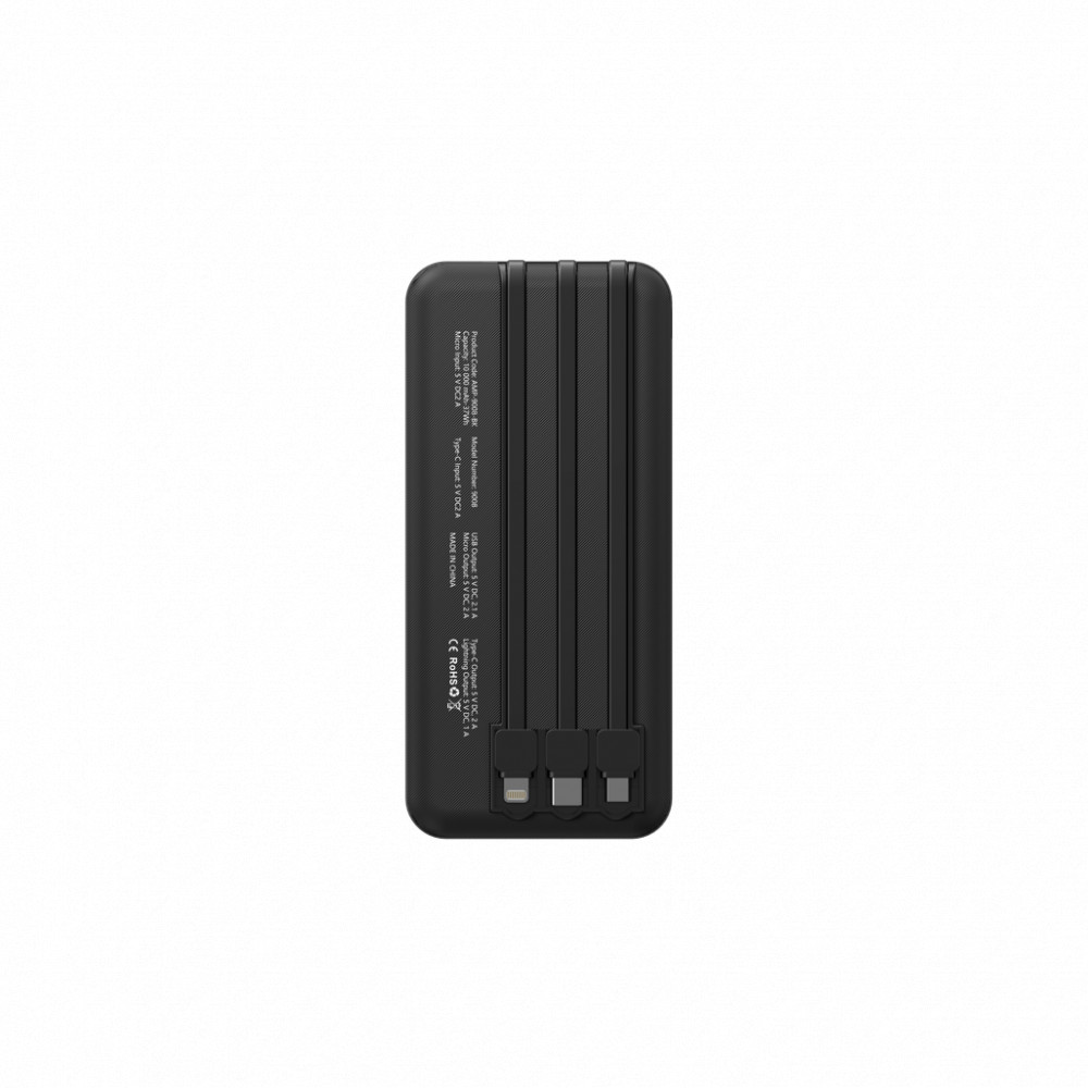 10 000mAh Power Bank with integrated cables - black