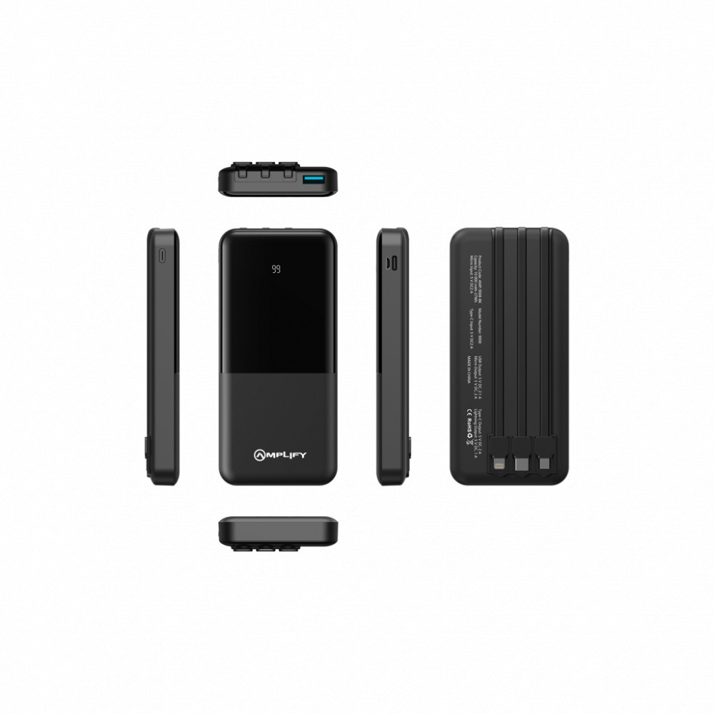 10 000mAh Power Bank with integrated cables - black