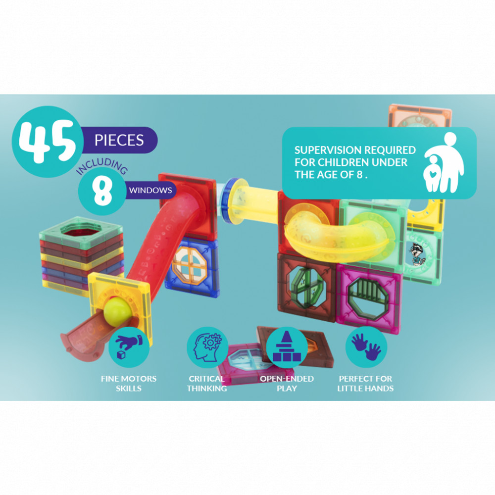 45 magnetic tiles and marble run parts