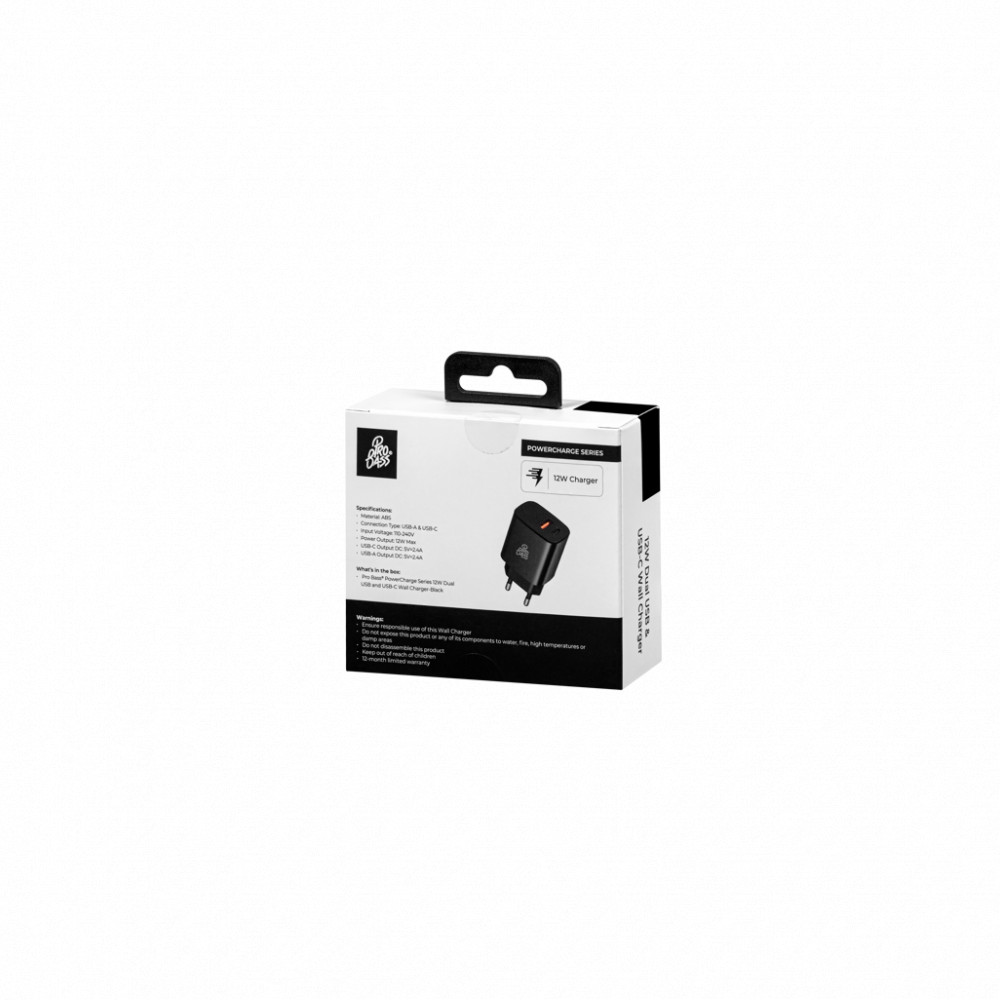 PowerCharge Series 12W Dual USB and Type-C Wall Charger- Black