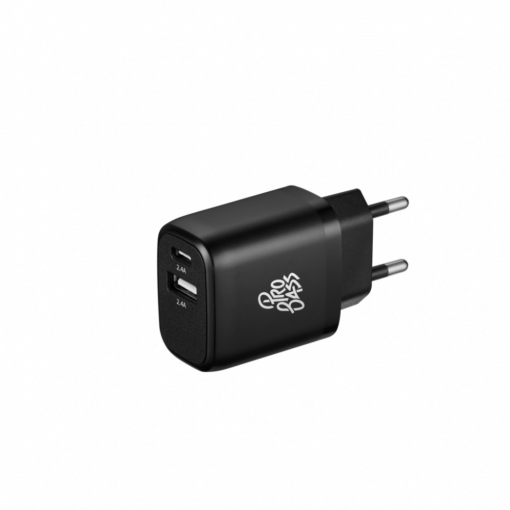 PowerCharge Series 12W Dual USB and Type-C Wall Charger- Black